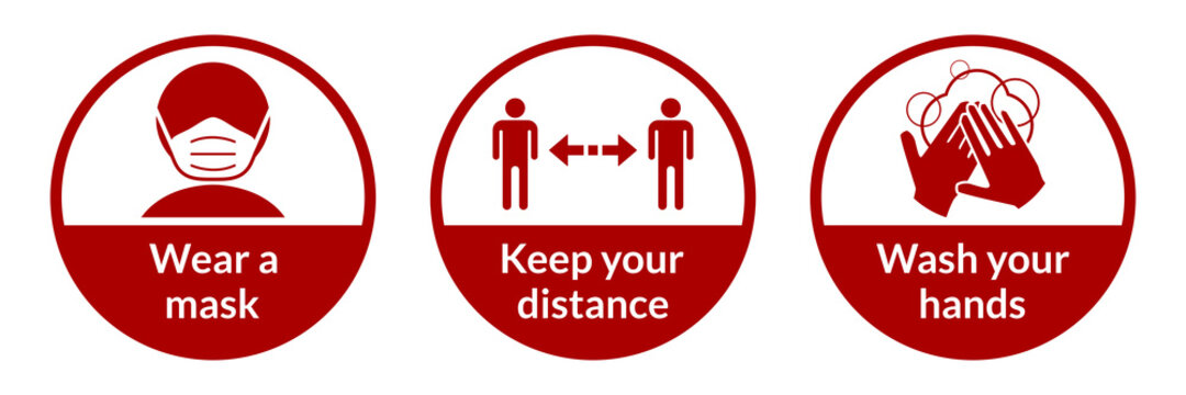 Set of Round Coronavirus Covid-19 Instruction Sticker Icons including Wear a Mask, Keep Your Distance and Wash Your Hands. Vector Image.