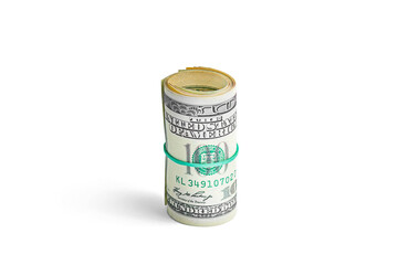 Roll of dollar bills tied with an elastic band on a white background with a shadow.
