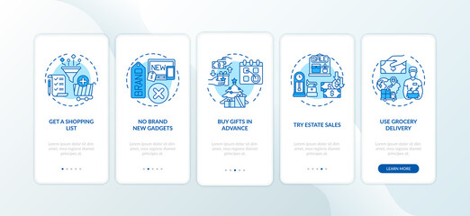 Shopping advices onboarding mobile app page screen with concepts. Shopping plan, grocery delivery walkthrough 5 steps graphic instructions. UI vector template with RGB color illustrations