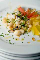Scallops. Sautéed scallops seared in butter, garlic, shallots, red wine, tarragon, salt and pepper and served with toasted baguettes. Classic French bistro entree.