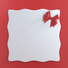 Blank white gift card with red ribbon bow isolated on red color background with shadow minimal concept. 3D rendering