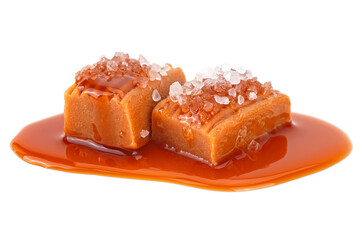 Salted caramel candies with caramel sauce isolated on a white background. Caramel candies with sea salt.