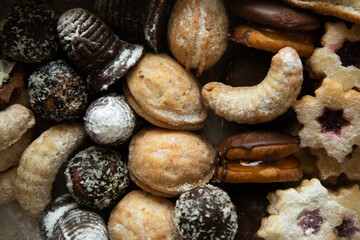 Traditional different homemade christmas cookies from the czech republic, food background