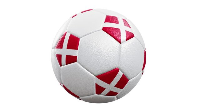 Realistic 360-degree seamless looping roll of the Denmark flag textured soccer ball rendered in UHD, alpha matte is included