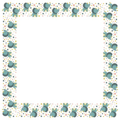 Square frame of little cute dinosaurs Triceratops looking up at stars and circles on a white background. Cartoon border of dino characters for nursery design, invitation, greeting card. Vector.