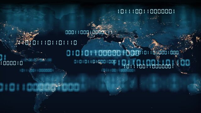 Animated world map with digits 0 and 1 binary code on a background. Concept of informatization of society and the digital world. Bitcoin mining. Digital technology or data transformation