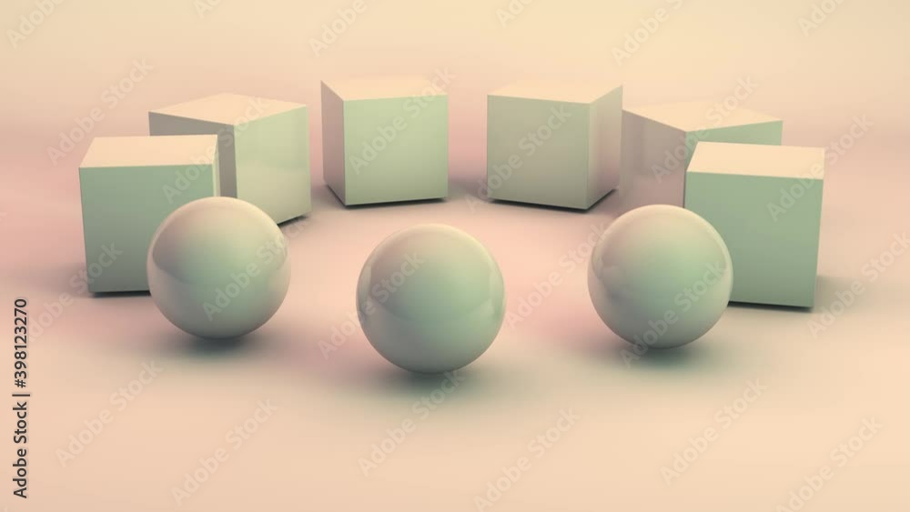 Poster abstract 3d animation of geometric shapes, cubes move along a circular path and turn into spheres in
