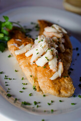 Grilled Red Snapper, fresh fish. Traditional Classic American or French Seafood Restaurant menu item, whole grilled fresh caught halibut or sea bream Fish served with chilled gazpacho. 