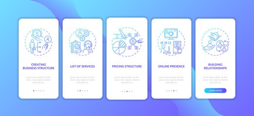 Business management dark blue onboarding mobile app page screen with concepts. Online marketing. Startup walkthrough 5 steps graphic instructions. UI vector template with RGB color illustrations