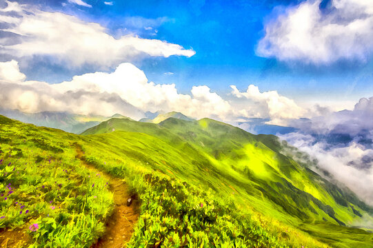 Scenery mountain landscape at Caucasus mountains colorful painting.
