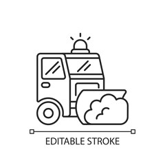 Road plowing linear icon. Removing snow and ice from outdoor surfaces in cold winter. Thin line customizable illustration. Contour symbol. Vector isolated outline drawing. Editable stroke