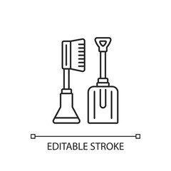 Snow removal tools linear icon. Instruments for helping you to clean your car. Remove ice. Thin line customizable illustration. Contour symbol. Vector isolated outline drawing. Editable stroke