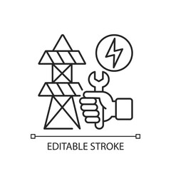 Repairing power lines linear icon. Fixing electricity connection between two cities. Thin line customizable illustration. Contour symbol. Vector isolated outline drawing. Editable stroke