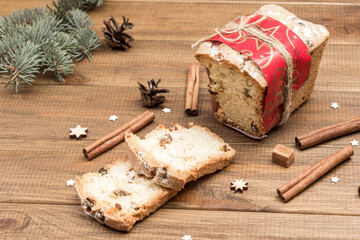 Pieces of cake on table. Christmas decorations