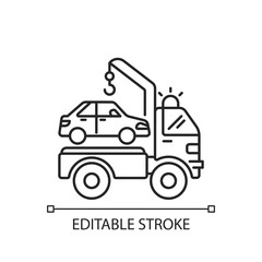 Towing service linear icon. Helping people to move their broken vehicles. Dangerous car accident. Thin line customizable illustration. Contour symbol. Vector isolated outline drawing. Editable stroke