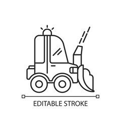 Snow blowing linear icon. Using machine for removing snow from area around your house. Thin line customizable illustration. Contour symbol. Vector isolated outline drawing. Editable stroke