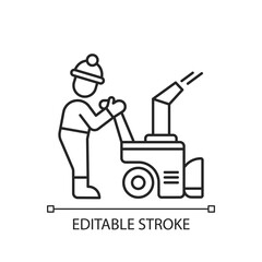 Snow sweeping linear icon. Removing huge amounts of snow after stormy snowfall. Cleaning streets. Thin line customizable illustration. Contour symbol. Vector isolated outline drawing. Editable stroke