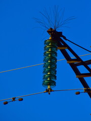 Electric transmission lines.. High-voltage insulator on the support.