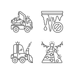 Accidents reducing service linear icons set. Broken cars towing service. Icicle removal from roofs. Customizable thin line contour symbols. Isolated vector outline illustrations. Editable stroke