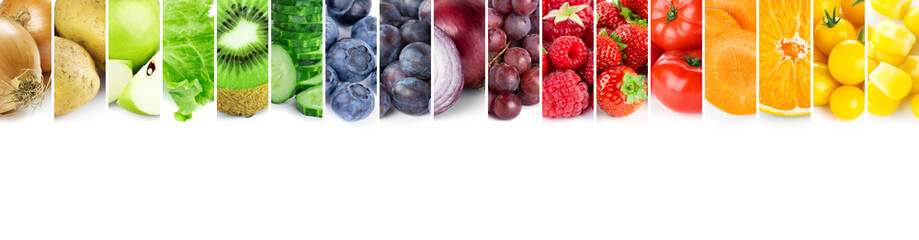 Collage of fruits, vegetables and berries. Fresh color food. Healthy food