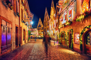 cozy street of Kaysersberg old village on Christmas holidays. Alsace, France - obrazy, fototapety, plakaty