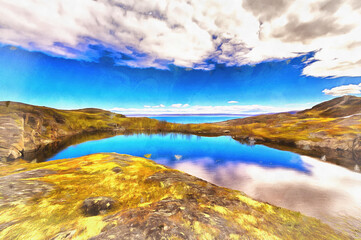 Beautiful polar landscape with small lake looks like drawing.