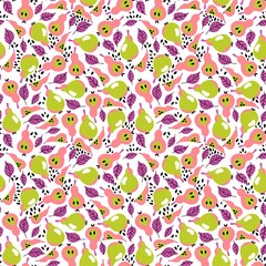 Juicy pears vibrant colors vector seamless pattern. Bright whole, halves and quarters pears, leaves and seeds in green, peach, pink and black on white background. Freshness fruit endless pattern