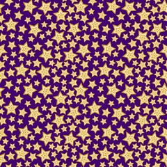 Chaotic starlight night vector seamless pattern. Trendy colors night sky with stars. Magic star fall endless texture with set sail champagne and fortuna gold colored stars. Starry seamless pattern