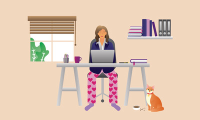 Woman well dressed from the Waist Up and on pajamas waist down