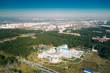 Aerial View OF Building Of Scientific Center For Radiation Medicine And Human Ecology In Spring Sunny Day. Top View. Drone View. Bird's Eye View.