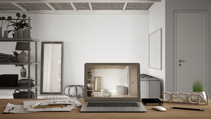 Architect designer desktop concept, laptop on wooden work desk with screen showing interior design project, blueprint draft background, modern living room with sofa, mirror, shelves