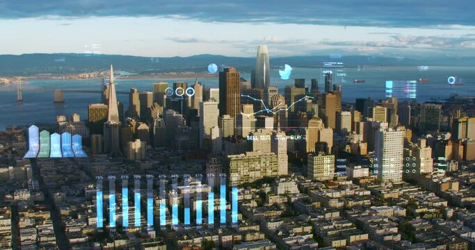 
 Aerial view of San Francisco with holographic financial charts and data. Futuristic city skyline with stock exchange figures. Representing concepts as Big data, Artificial intelligence, IOT