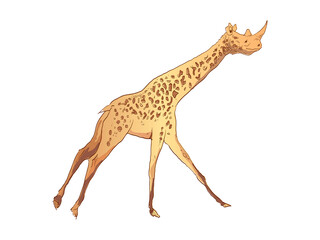 Unusual mixture of animals. Giraffe with a rhinoceros head. Hybrids species sketch. Fantasy art. Vector illustration clip art. 