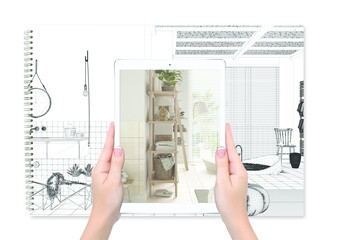 Hands holding tablet showing minimal luxury bathroom, total blank project background, augmented reality concept, application to simulate furniture and interior design products