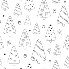 Christmas tree hand drawn doodle style seamless vector pattern, minimalist illustration, winter holiday decor, happy holidays celebration, family gatherings celebration symbol, festive mood pattern