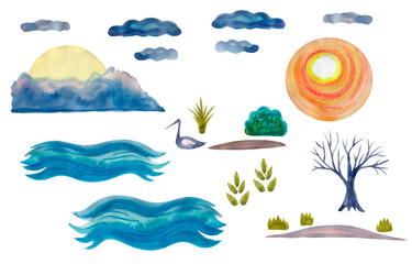 Set with landscape elements drawn in watercolor, sun, moon behind the mountain, clouds, clouds, waves of water, Islands of land, Heron, green bushes drawn by hand on a white background, raster 