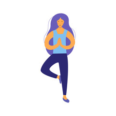 Girl meditates while standing in a pose with a bent leg. Yoga practice for relaxation, balance, energy storage and health promotion. Colorful vector isolated illustration in flat style