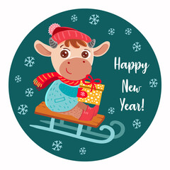 Cute cartoon cow. Illustration with bull, symbol of the Chinese new year 2021. Funny little cow rides on a sled. Cow carries a new year's gift