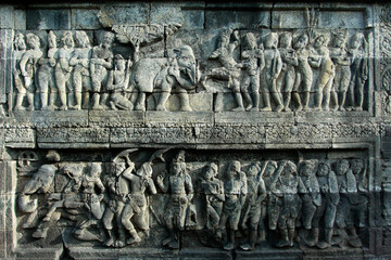 Relief sculptures in Borobudur temple which tells about the life of society in ancient times.