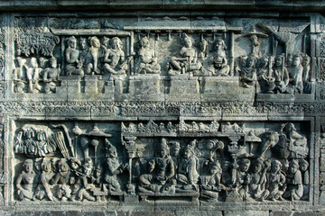 Relief sculptures in Borobudur temple which tells about the life of society in ancient times.