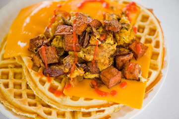 Chicken and waffles. Classic American Diner Style Breakfast or Brunch menu item favorite. Crispy homemade fried chicken on top of home buttermilk waffles topped with butter and maple syrup. 