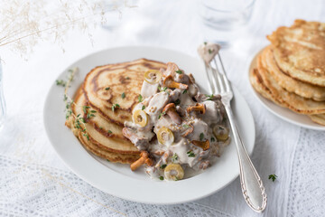 Creamy Mushroom Mustard Chicken with Pancakes