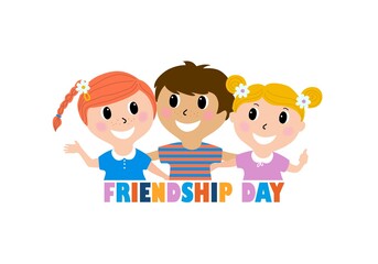Obraz na płótnie Canvas Cute kids smiling cartoon isolated on white background. Three best friends. Concept vector of friendship day