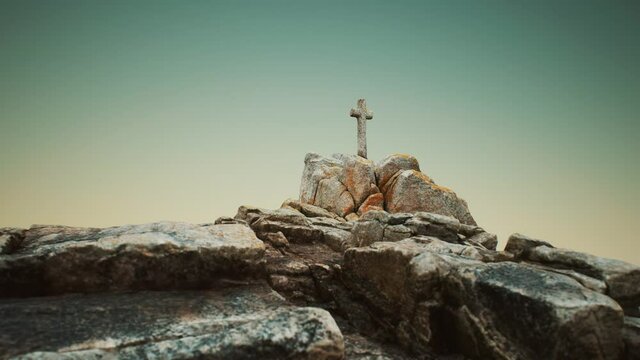 stone cross on the rock Beg Ar Groas