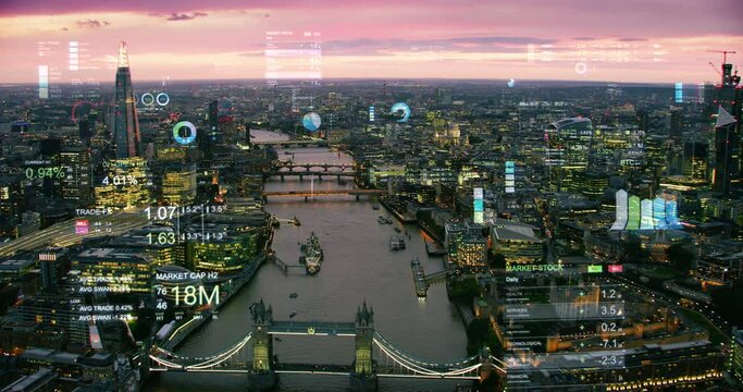 
Augmented reality elements over London Financial District with financial charts and data. 
Futuristic aerial skyline of London with stock exchange figures. Representing concepts as Big data, AI.