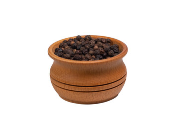 Black peppercorns in wooden bowl isolated on white