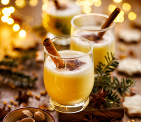 Obraz na płótnie Canvas Close up view of a Christmas eggnog decorated with ground cinnamon and a cinnamon stick. Delicious homemade festive drink