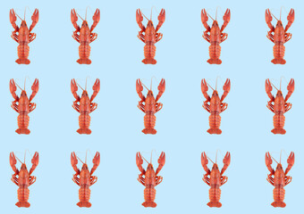 Fototapeta premium Pattern with red crayfishes on blue background, horizontal, top view