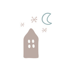 Holiday card design with hand drawn house and moon. Clean and simple. Doodle style. Can be used for poster, banner, wall decor, flyer.