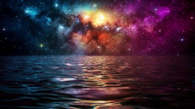 Calm Sea under a Colorful Starry Night Sky VJ Loop Background